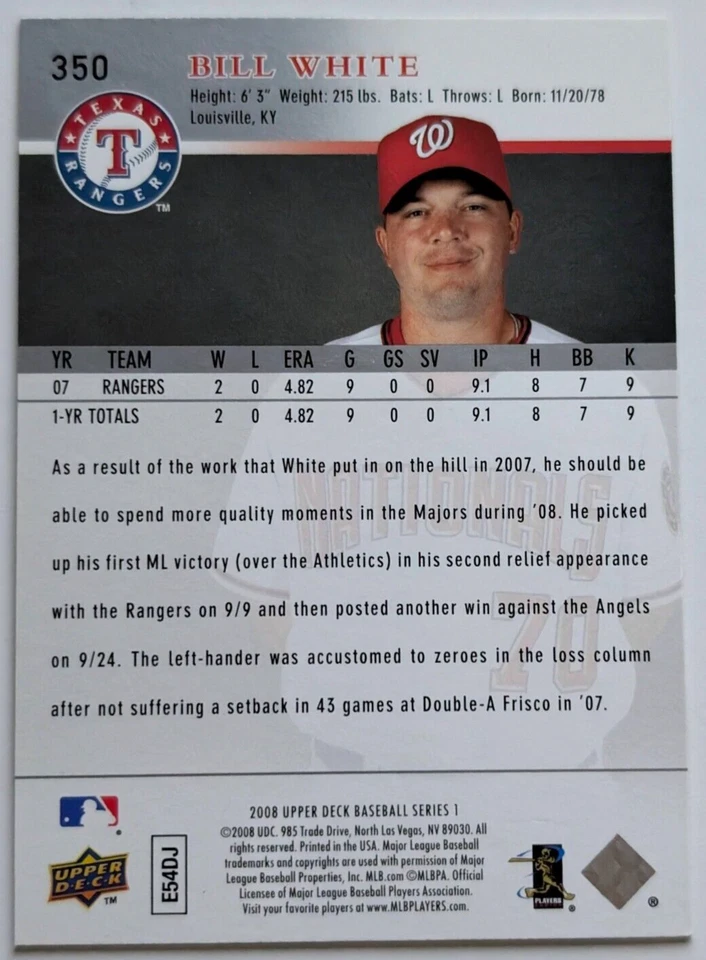 2008 Upper Deck Baseball - Rookie Card - #350 Bill White - Rangers - Image 2 of 3
