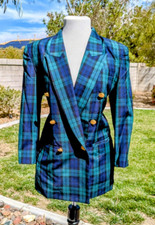 Vintage 1980s Petite Medium Tartan Wool Double Breasted Blazer Jacket Coat EUC