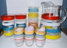 Mid Century Set Of 7 Banded Striped Juice Glasses,pitcher, Tumblers EUC!
