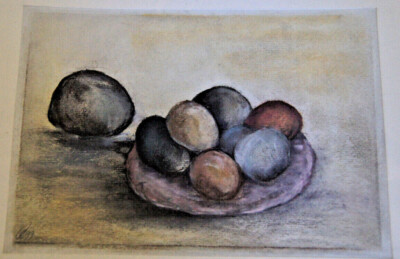 ::FRANZ EHMKE *1928 -2018 PASTEL STILL LIFE BOWL WITH COLORFUL STONES 