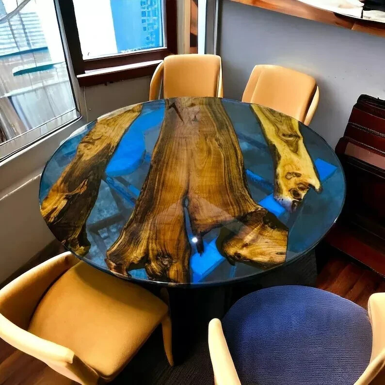 Handmade Blue Epoxy Resin River Table with Live Edge Wood Dining Table-image