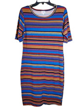 LuLaRoe Dress Julia Women's Medium Multicolor Striped Short-Sleeved Slim-Fit 