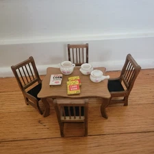 VTG Concord Dollhouse Miniatures Oak Wood Dining Table W/ 4 Chairs