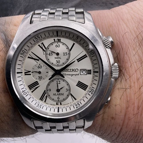Vintage Seiko Chronograph ALARM  Steel Sports Watch Ref 7T62-0KR0 Quartz SEE PIC