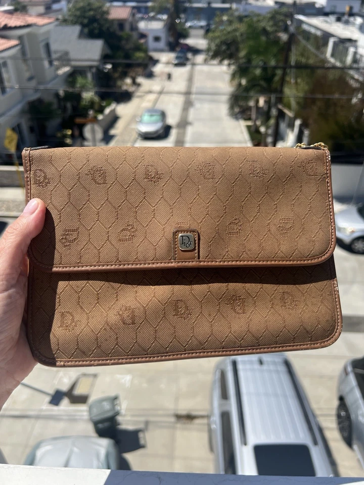 复古 70 年代 Christian Dior 米黄色 Monogram 帆布皮革单肩包金色链条 — 第 3/4 张图片