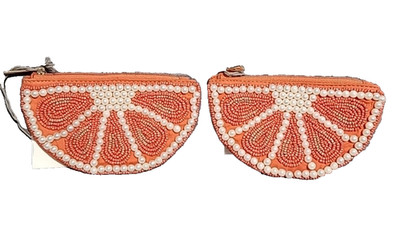 A New Day Fruit Slice Coin Pouch Cotton Botanical Zip Closure Orange 2 Piece