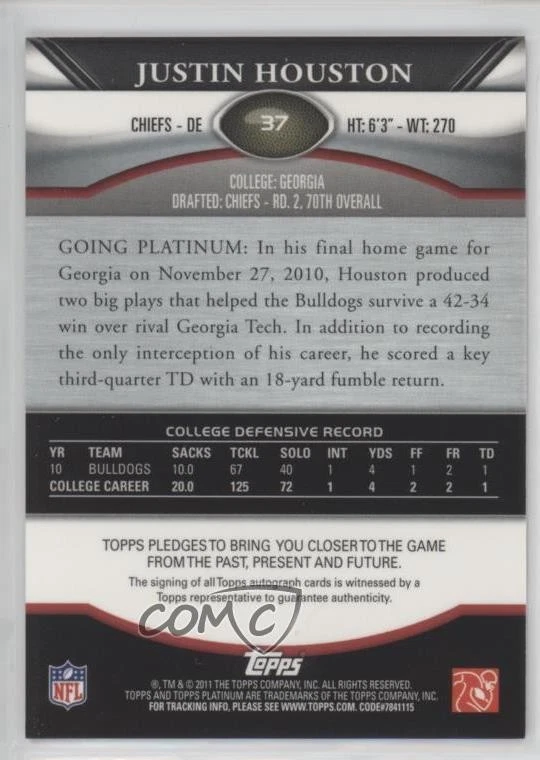 2011 Topps Platinum Refractor Rookie Auto /1450 Justin Houston #37 Auto RC - Image 2 of 2