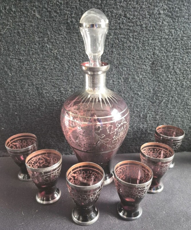 Silver Overlay Amethyst Decanter W/ 6 Matching Glasses- Pretty!