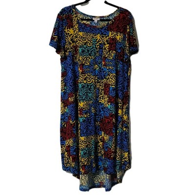 LuLaRoe L Short Sleeved Rounded Neck Vibrant Abstract Dress w/ Patch Pocket Boho