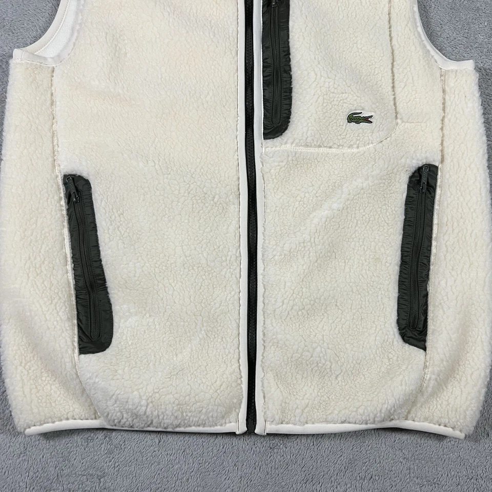 Lacoste 背心夹克男式小号象牙色夏尔巴羊毛全拉链口袋 — 第 2/4 张图片