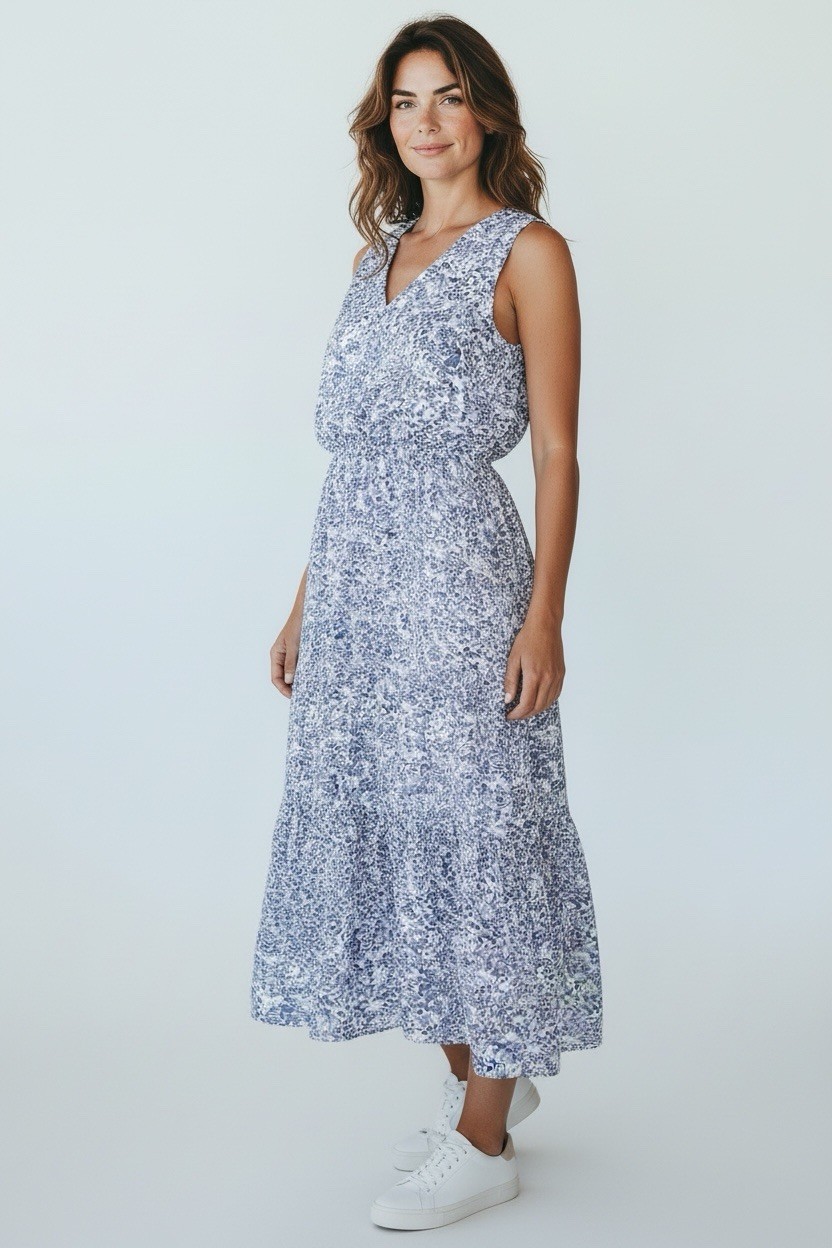1 State XL Blue Floral Chiffon Smocked Waist Maxi Dress Cottagecore Peasant Boho