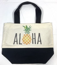Sky Dreams LLC ALOHA Tote Bag Pineapple Graphic, 2 Tone BLK & Khaki  ~11"x14"x5"