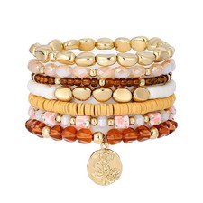 Surfer Heishi Clay Bead Bracelets for Women Rose Charm Stackable Gold Plated Bea