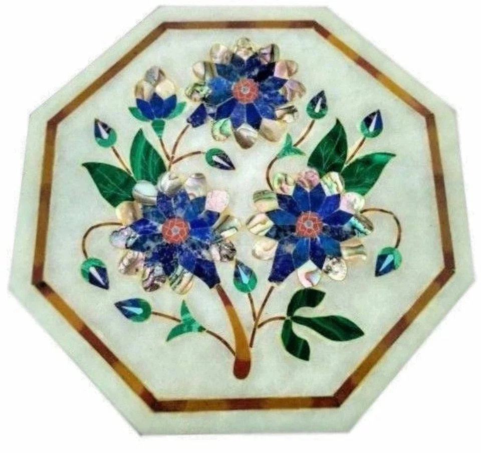 12" Marble Top Coffee Table Small Semi Precious Lapis Mop Inlay Stone Home Decor - Image 2 of 4