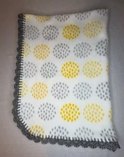 New Fleece Baby Blanket With Crochet Trim -Yellow and Gray over White, Unisex