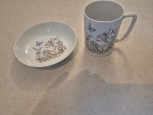 Vintage Ceramic Easter Bunny & Blue Butterfly Child's Mug & Bowl Set Unmarked