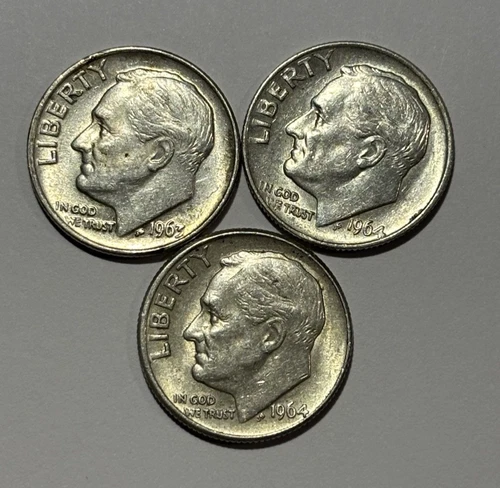 Lot of (3) Three Roosevelt Dimes - 90% Silver - All 3 are 1964 P - Very Nice