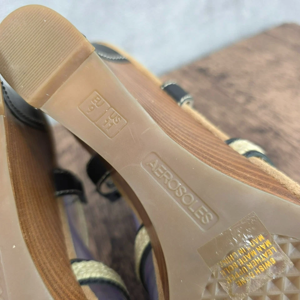 Aerosoles Swish Bone Strappy Wedge Sandals 11 Black Leather Natural Jute Comfort - Image 2 of 4