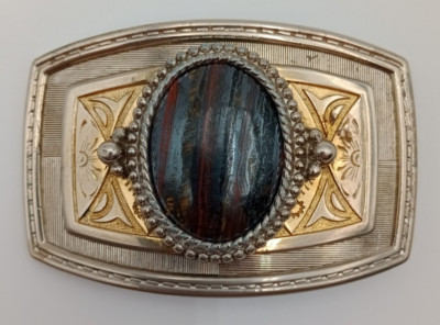 Vintage Tiger Iron Cabochon Stone Belt Buckle Ornate Western Filigree