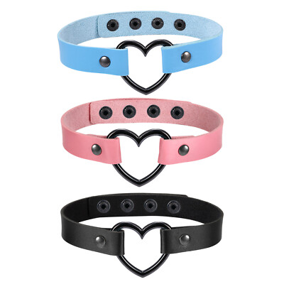 Women's Punk Leather Heart Ring Choker Cosplay Collar Adjustable Necklace 