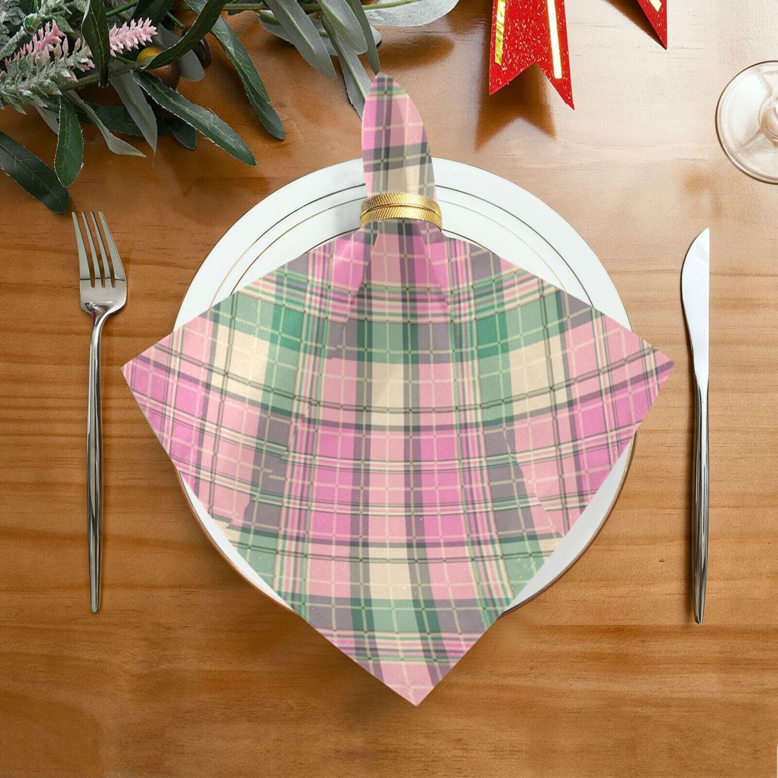 Pink Naps Pink Green Plaid Cloth Napkins Set of 6 Reusable Washable Oversized ...
