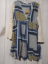 Kori Mini Dress Ladies Small Lace Sleeve Blue Patchwork