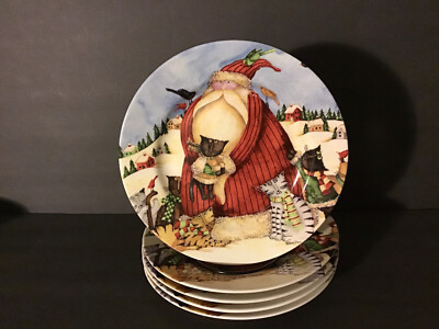 Set Of 5 Holiday Home By Debi Horn Vintage Santa Clause And Cats Plates 8 1/2 