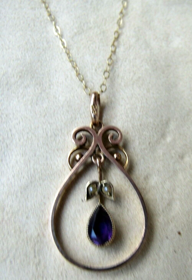 Antique Victorian 9ct.Rose Gold Seed Pearls Amethyst Pendant Necklace. - Image 3 of 4