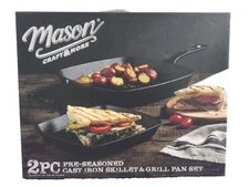 Cast Iron Skillet Grill Pan Set Mason Craft & More 2 Piece Fry Pans Pre-Seasoned