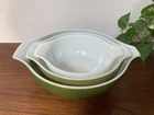 Vintage Pyrex Green Olive Cinderella Mixing Bowls #444 443 442 Nesting **FLAWS