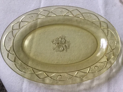 Vintage Federal Rosemary Dutch Rose Amber Oval Serving Platter 12 x 8.75”