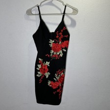 Y2k Forever 21 Floral Rose Embroidered Black Bodycon Mini Dress Medium Romantic