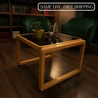 Solid Wood Coffee Table with Tempered Glass Top Handmade Modern Center Table