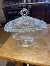 Vintage Indiana Clear Glass Pedestal Wedding Lace Edge Covered Candy Dish CLEAN