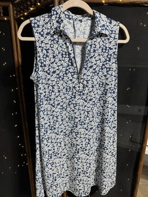 Ivy Lane Blue/White Floral Dress - Small Clubhouse Dress - 3/4 Zip Collared