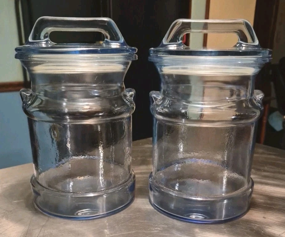 4 - Vintage L.E. Smith Blue Glass 9" Milk Can Canisters or Cookie Jars with Lid