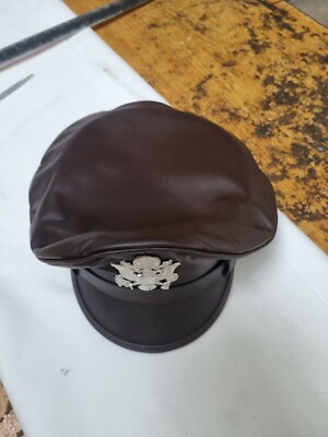 Genuine Black Leather Military Style Cap With Silver Trim - Biker, Police, Muir Peak Design