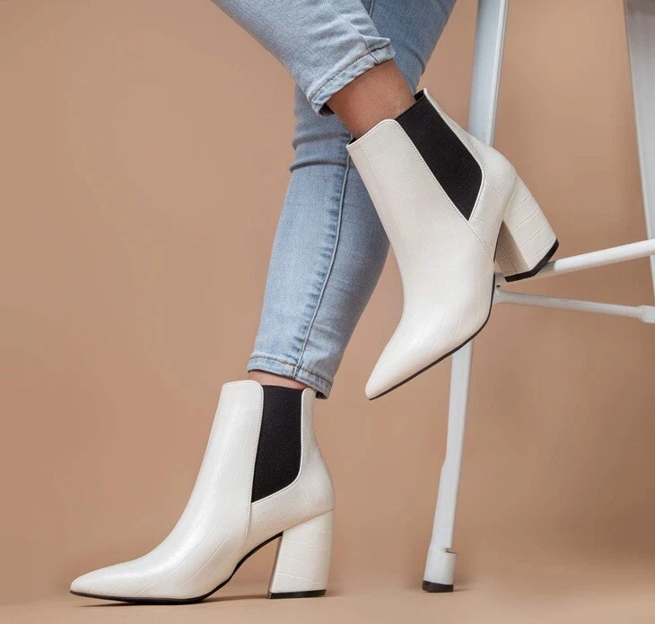 Qupid White Faux Croc Block Heel Ankle Chelsea Boots Size 8 - Image 2 of 4