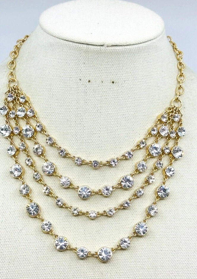 J. Collar Crew llamativo en capas 4 hilos cristal tono dorado elegante nuevo con etiquetas formal