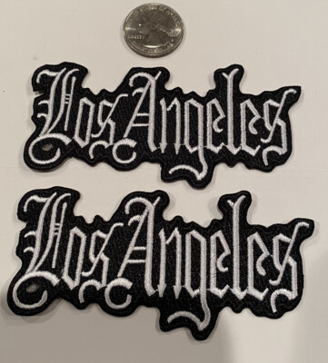 2- VINTAGE IRON ON EMBROIDERED LOS ANGELES  PATCH.  (White)  4''x 2  Beautiful!
