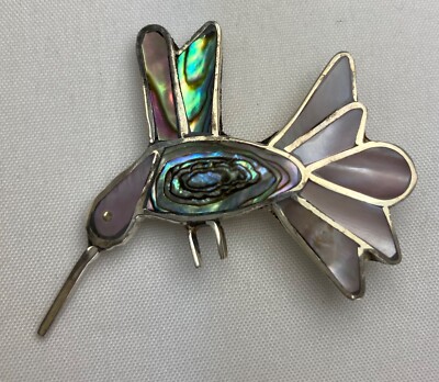 Hummingbird Brooch made in Mexico of Alpaca Silver w/ Abalone MOP Inlay Vintage