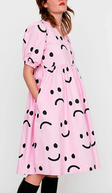 Lazy Oaf Happy Sad Pink & Black Puff Sleeve Midi Dress Size UK 8