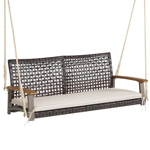 Patiojoy 2-Person Patio Rattan Hanging Swing Chair Porch Loveseat Cushion
