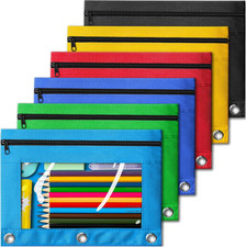 Pencil Pouch for 3 Ring Binder, Bulk 6 Pack 3-Holes Zipper Pencil Pouches in Ass