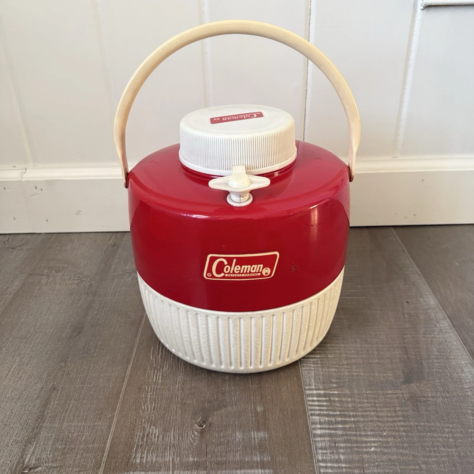 Vintage Coleman 1 Gallon Red White Drink Cooler Jug w/ Cup Camping USA
