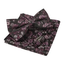 Mens Floral Pattern Pre-Tied Bow Tie Pocket Square Cufflinks Set Tuxedo