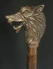 Wooden Vintage Cane Handmade Walking Stick Wolf Head Copper Antique Metal Handle
