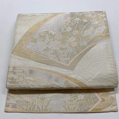 6839# Japanese Vintage Fukuro Obi Belt Kimono Fabric Silk Traditional Silver