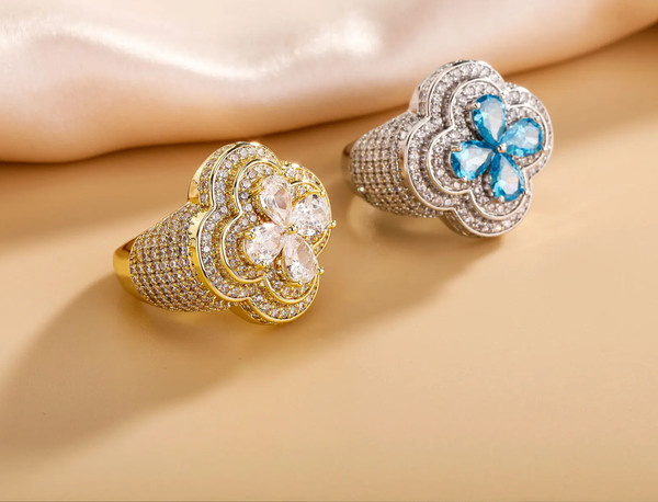Alternate view of 2ct Iced Colorful Four Leaf Flower Ring Lab Created Diamond 14k Gold Plated