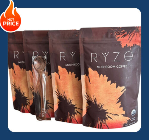 Brand 4 Pack Ryze Organic Mushroom Coffee W/ 1 RYZE Without Spoon 100% Authentic
